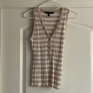 White House Black Market Beige and White Striped Ribbed V-Neck Tank